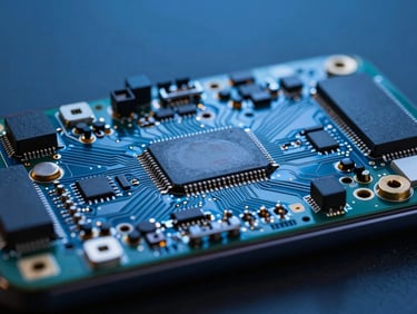 Macro shot of a high-end smartphone circuit board under crisp electric blue studio lighting, technical precision depth of field