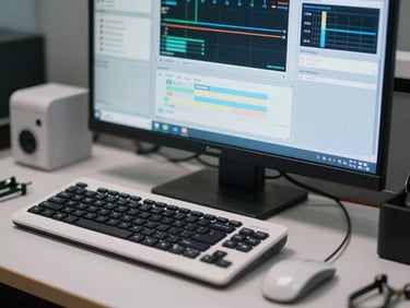 Close-up of a technical workstation with diagnostic software on screen, clean tools, cool white and blue lighting, organized layout.