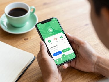 Overhead shot of a Brazilian person's hands holding a mobile phone displaying a clean banking app interface, next to a cup of coffee and a notebook on a wooden table, bright natural daylight, soft shadows, warm tones, clean editorial photography, soft green and blue accents, realistic domestic setting, 35mm