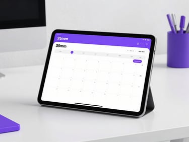 Clean modern desk setup with a tablet displaying a calendar booking screen, warm purple accents, 35mm