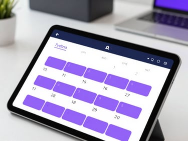 Close-up of a tablet displaying a clean calendar interface with purple appointment blocks, sharp focus, modern office desk, bright studio lighting