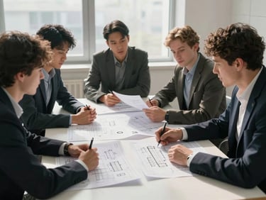 Candid, unposed strategy session around a physical table with technical blueprints, natural high-contrast window light.