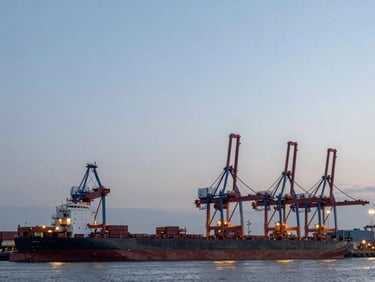 Wide environmental shot of a modern shipping yard at dusk, cool industrial tones with warm focal points, expansive sky.