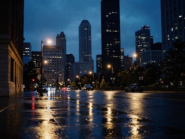 Chicago skyline reflecting on the wet pavement of a dark street at twilight, glowing streetlights