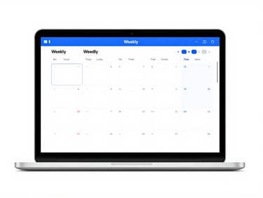Minimalist digital mockup of a weekly study calendar interface on a laptop screen, showing daily unlocked PDF chapters and short video icons, clean blue accents