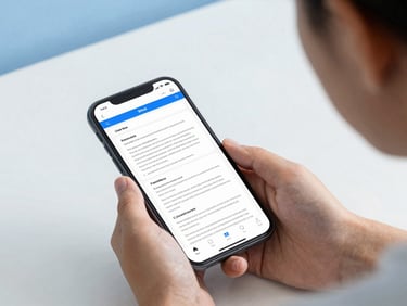 A close-up shot of a student studying in a clean, modern room, viewing a highly structured educational PDF on a mobile screen, soft blue ambient lighting