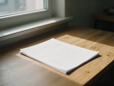 A quiet, high-focus working environment, a physical research document with hand-written notes on a wooden table, natural side window light, deep shadows, desaturated warm tones, 35mm film grain