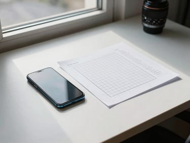 Wide flat-lay on a white desk: an Android phone next to a printed wireframe grid with handwritten notes at the margins, high-contrast north-facing window light, no people visible