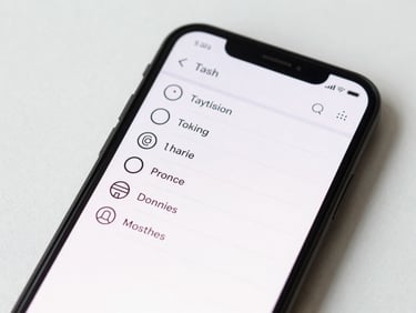 Single Android phone screen close-up showing a minimal task-list app UI, clean studio lighting, high contrast, no hands, flat lay on white surface