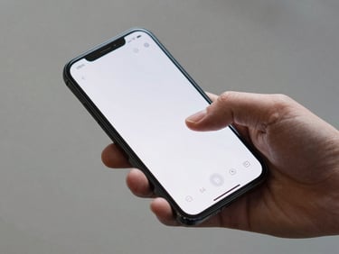Hand holding an Android phone mid-swipe through a minimal media player UI, clean north-facing daylight, high contrast, interaction detail in sharp focus