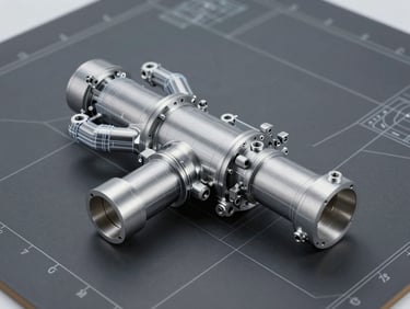 CAD wireframe of a complex aerospace manifold on a dark gray screen, clean technical blueprint style.