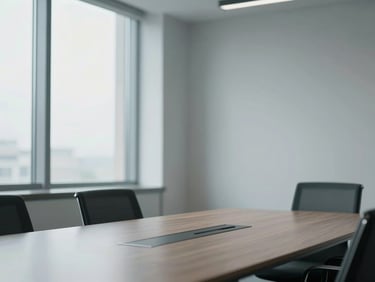editorial corporate photography, soft natural window light, minimalist office interior with clean lines, a modern meeting table, shallow depth of field, 35mm