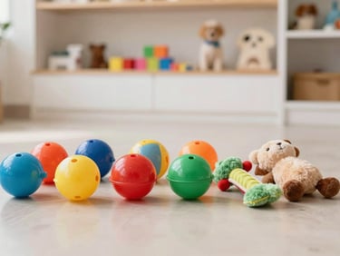 Colorful array of pet toys (balls, chew toys, plushies) on a clean surface, bright natural light, playful arrangement.