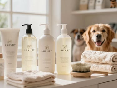 Luxury pet shampoo, conditioner, and grooming brushes neatly arranged, soft towels, bright natural light.
