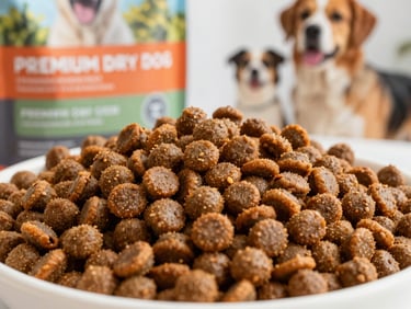 Close-up of premium dry dog food kibble in a bowl, vibrant packaging, bright natural light, clean background.