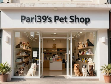Modern pet shop exterior with a clear sign for Pari's Pet Shop, bright daylight, welcoming entrance, 35mm