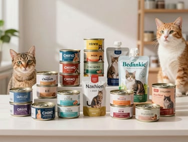 Assortment of high-quality wet cat food cans and pouches, artfully arranged, bright natural light, clean background.