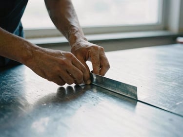 Close-up of an artisan's hands carefully folding a galvanized steel sheet on a workshop table, soft overcast daylight from a side window, metallic textures, 35mm photography