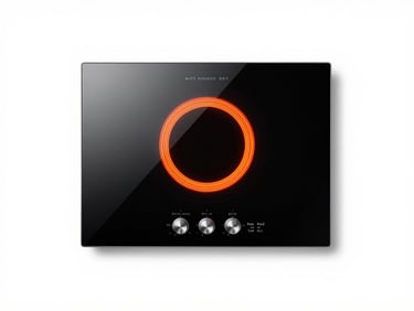 Top-down view of a modern black induction cooktop with active orange heating ring, bright clean studio lighting