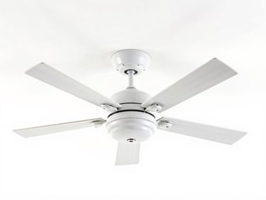 Bright high-key product photography of a clean white domestic ceiling fan, crisp white background, clean studio lighting, sharp focus, 50mm lens