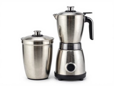 Bright high-key product photography of a heavy-duty mixer grinder with stainless steel jars, crisp white background, clean studio lighting, sharp focus, 50mm lens