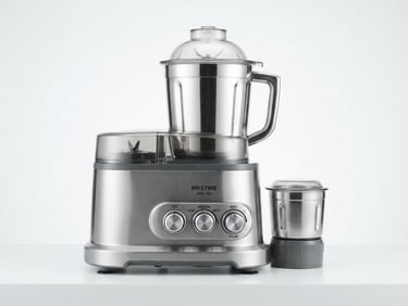 Bright high-key product photography of a premium stainless steel juicer mixer grinder with heavy-duty physical control knobs, clean studio lighting, crisp white background, 50mm lens