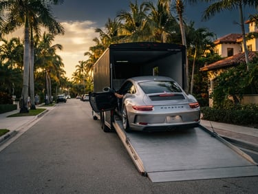 Low-angle editorial shot of a pristine silver Porsche being loaded onto a modern enclosed transport trailer on a palm-lined Naples street, warm golden-hour light, 35mm.