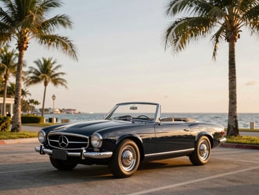 A classic vintage Mercedes convertible parked on a quiet, sun-drenched coastal avenue in Naples, Florida, framed by elegant palm trees and warm golden-hour light, 35mm.