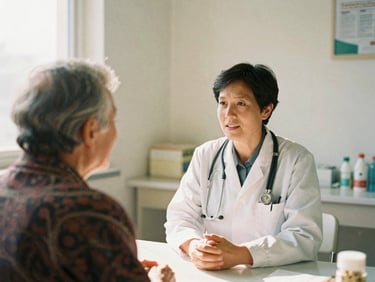 Candid shot of a community health worker speaking with an elder in a bright, clean clinic, warm natural daylight, shallow depth of field, 35mm film look.