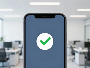 Close-up of a modern smartphone screen displaying a secure authentication prompt with a green checkmark, clean bright office background, sharp focus.