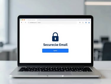 A professional laptop display showing a verified secure email login page, sharp focus on the padlock symbol in the URL bar, minimalist corporate setting.