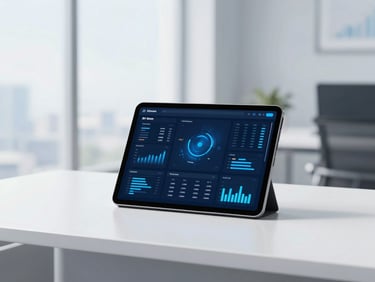 A sleek tablet on a white desk showing a detailed security dashboard with encrypted data graphs, cool blue daylight, 35mm.