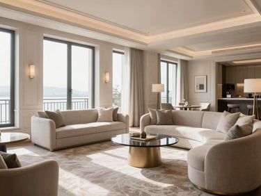 Luxurious boutique hotel interior, elegant furniture, bright natural daylight, soft neutral tones, high-end, 35mm lens