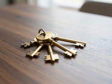 Close-up of elegant brass keys on a solid dark wooden table, bright natural daylight, soft shadows, high-end interior, 35mm lens