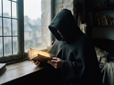 Soft-focus portrait of a mysterious figure cloaked in shadow, holding an ancient, glowing book, atmospheric overcast window light, muted pastel tones, shallow depth of field, 35mm
