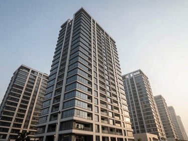 Dynamic low-angle shot of modern commercial and residential developments in New Gurgaon, clean lines against a bright morning sky.