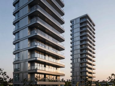 Sleek architectural details of ultra-luxury residential towers on Golf Course Extension Road, brushed steel balconies, twilight lighting.