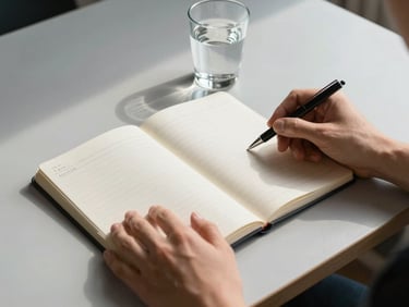 Hands resting on an open notebook with sparse handwritten notes on a light grey desk, a glass of water beside it, clean directional daylight from the side, no faces, structured and calm