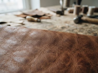 Gros plan sur la texture riche d'un cuir pleine fleur marron, des outils de bottier flous en arrière-plan, lumière naturelle diffuse, tons écru et gris moyen.