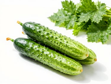 Fresh cucumbers and crisp green vegetables, morning daylight, clean white background