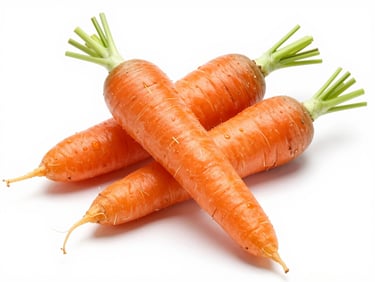 Crisp orange carrots and root vegetables, bright high-key studio lighting, white background