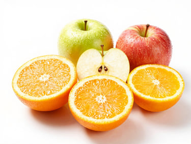 Slices of fresh citrus fruits and apples, vibrant natural textures, bright studio lighting