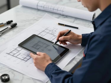 Close-up of a professional engineer in a clean dark blue uniform reviewing technical blueprints on a tablet, architectural drawing tools on a marble table, precise lighting.