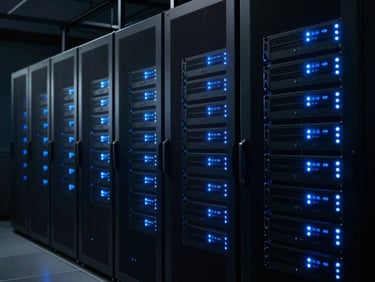 Wide panoramic shot of a modern server rack with cool blue LED indicator lights blinking in a dark, secure data center, cinematic low-key lighting, 35mm.