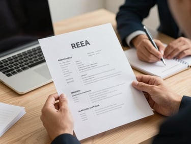 Hands holding a printed resume over a desk, a recruiter making notes beside it with a pen, office desk background with a laptop and papers, warm indoor office lighting