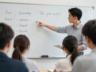 Close-up of a trainer pointing at a whiteboard with training notes visible, a small group of trainees in the foreground leaning in and taking notes, bright classroom lighting