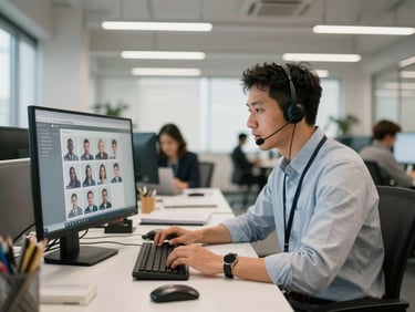 Wide shot of a recruiter at a desk speaking on a headset while reviewing candidate profiles on a monitor, busy but focused, bright open-plan office, natural and fluorescent light