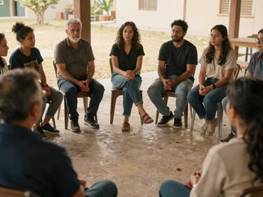 Warm documentary photograph of a local leader facilitating a quiet community dialogue session, hands clasped, focus on intercultural understanding, natural soft daylight, respectful, medium-wide shot with agency.