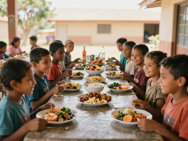Warm documentary photograph of children in a community kitchen receiving nutritious meals, smiling, natural bright daylight, respectful, medium-wide shot with agency.