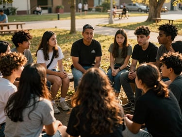 A diverse group of teenagers engaged in a lively discussion with a local mentor in an outdoor community space, warm golden hour light, eye contact, respectful imagery.
